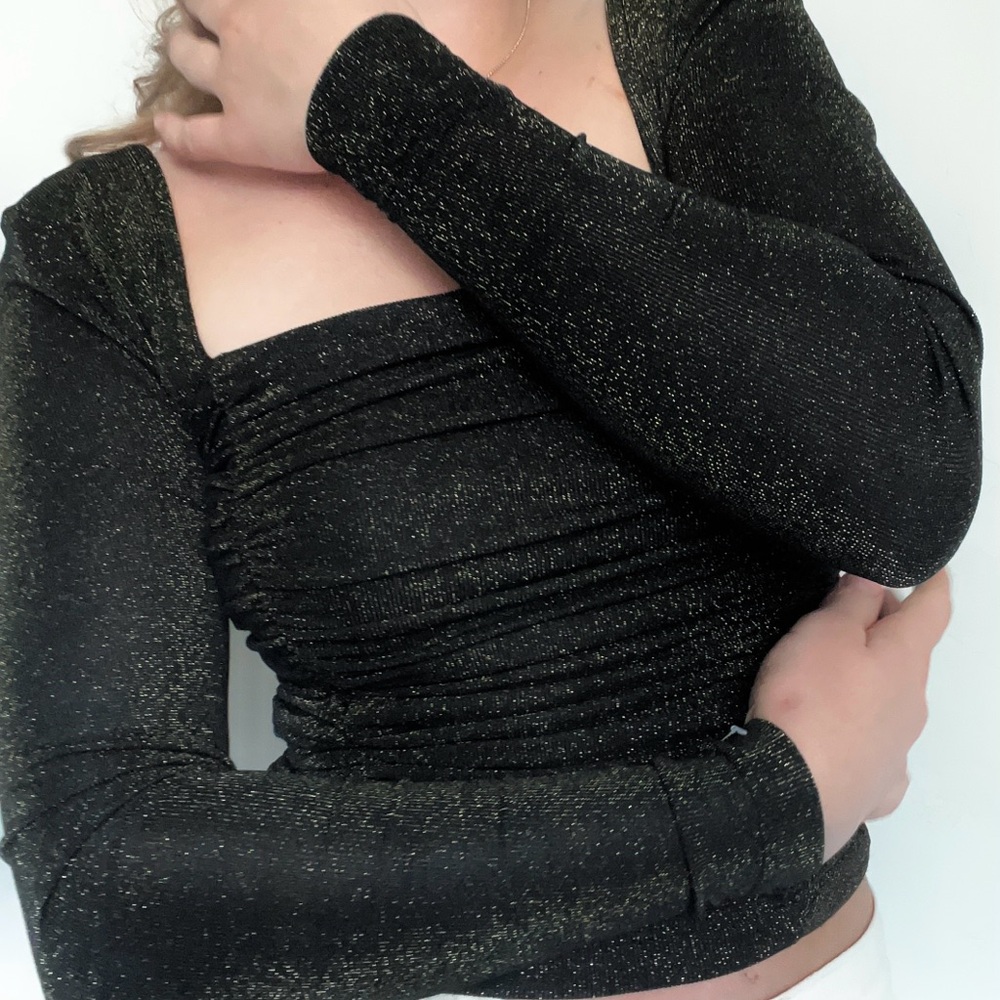 Lulu's Black Ruched Fitted Long Sleeve Blouse